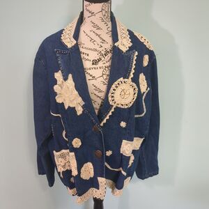 New Direction Denim Jacket 1x crochet Doily Floral Embroiderd Button boho festiv